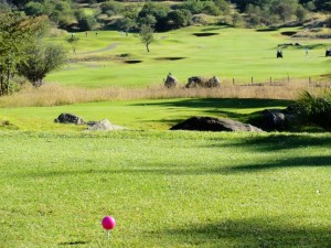 A view up the 1st hole at the Lost City Golf Club - With the dreaded pink ball.
